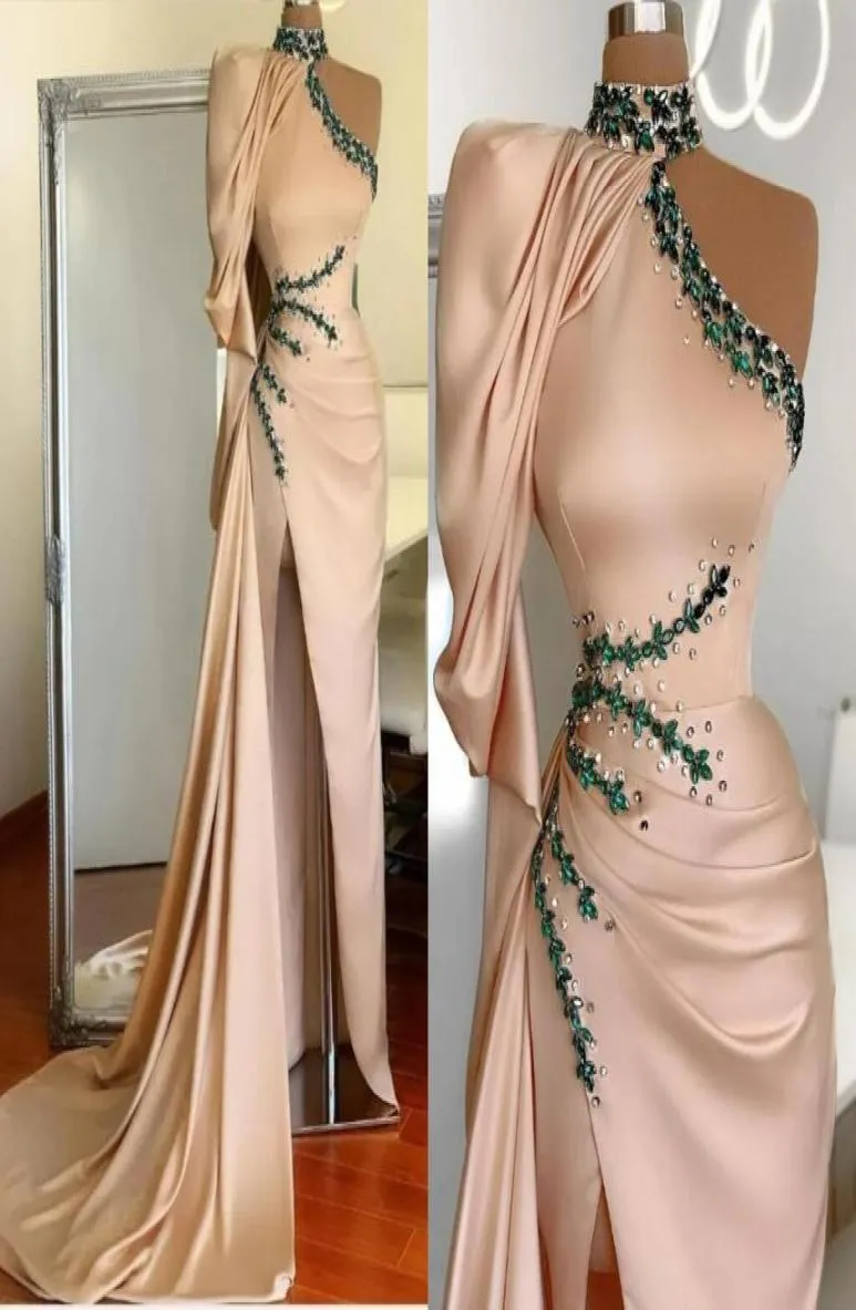 Stylish Pink High Neck One Shoulder Prom Dresses Beads Crystals With Split Evening Gowns Satin Pleats Ruffles Long Vestidos2570472