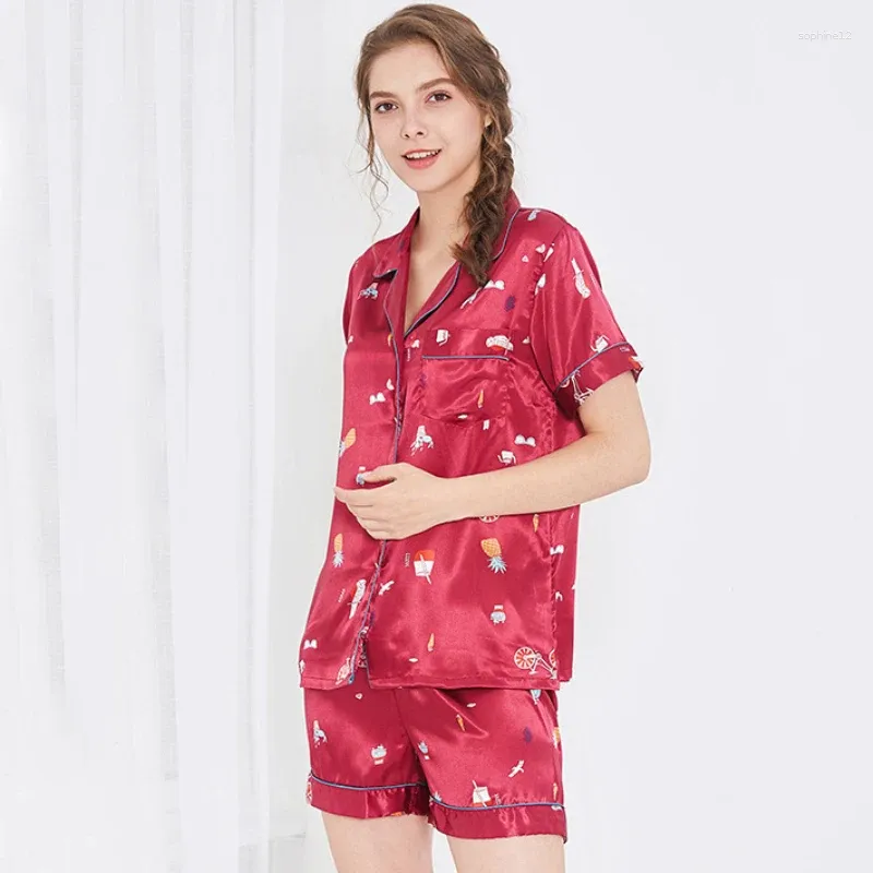 Hemkläder PS0271 2024 Pyjamas Kvinnor Satin Silk Sexig Sleepwear Print Kort ärm Shorts 2st Pyjama Set Nightwear Female Pyjama