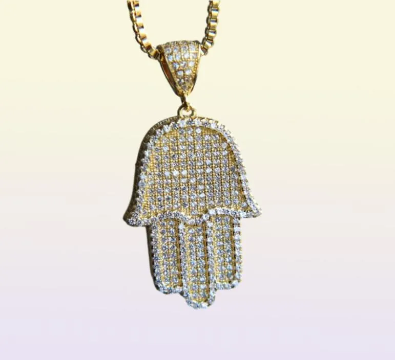 Boy Men Fatima Hamsa Hand Pendant Collier Iced Out 5A Bling Cumbic Zircon Chain Hip Hop Gift Turkish Luck 9724096