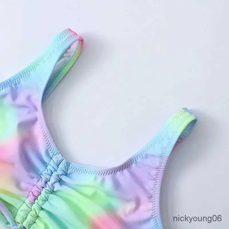 Two-Pieces Tie Dye Girls Swimsuit Kids 7-16 Years Two Piece Childrens Swimwear Ruched Front Bikini Set Teen Bathing Suit 2022 Beachwear