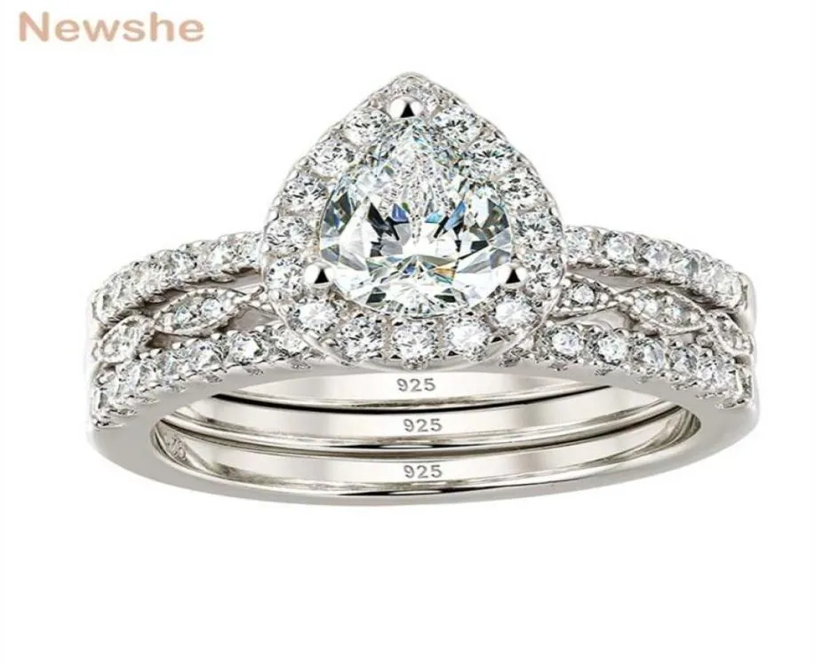 hon 3 stycken 925 Sterling Silver Wedding Rings uppsättning för kvinnor Pear Shape AAAAA Zircons Förlovningsring Band BR1079 2112179497038