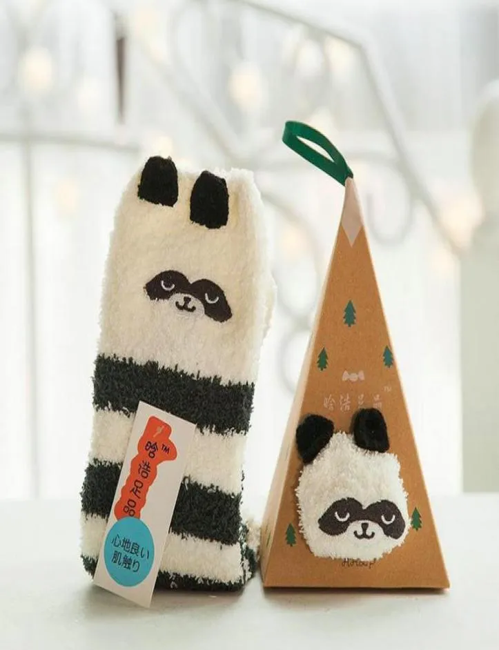 Novel Panda Style Girls Fuzzy Cartoon Slipper Socks Christmas Animal Floor Socks 3Pairlot Random Style With Gift Box9401942