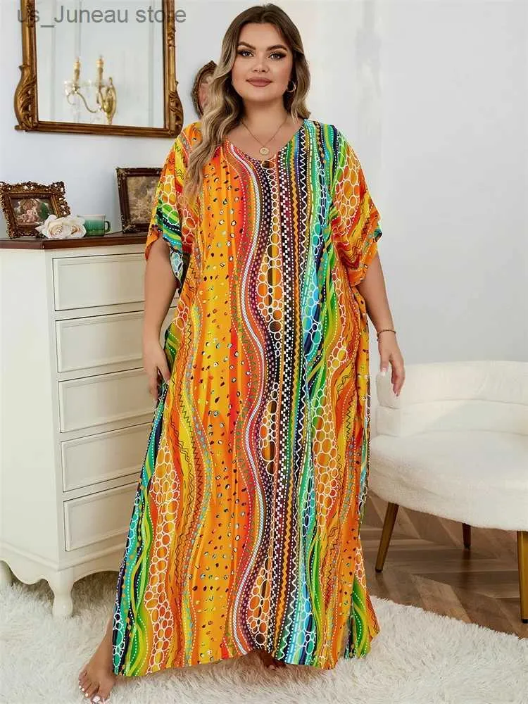 Grundläggande casual klänningar 2024 Boho tryckt kaftan casual sommarkläder kvinnor plus storlek V-ringning batwing slve strand slitage maxi klänningsrock sarong q1476 1 t240415