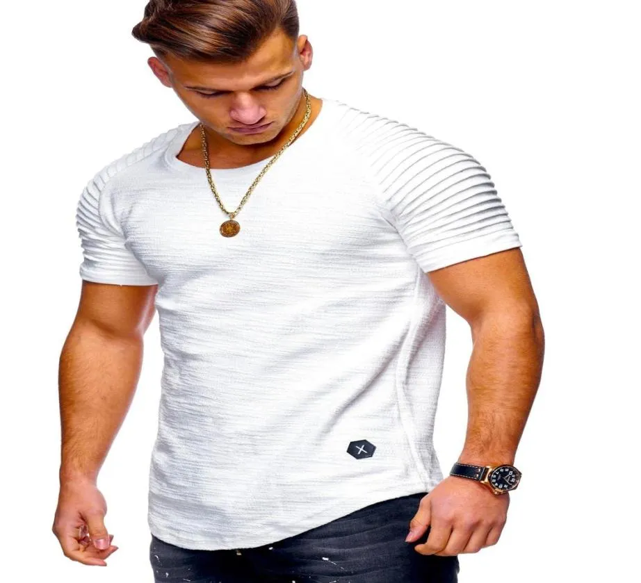 Maglietta da uomo a manica corta spalla pieghettata a strisce jacquard maglietta magra a strisce di maglietta lunghezza hip hop tshirt streetwear7202649