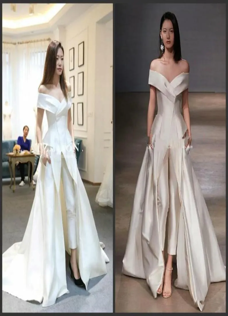 2020 Nya kvinnliga klänningar Jumpsuit med långa tågvita aftonklänningar från axel svep tåg elegant zuhair murad klänning vestidos f7072290