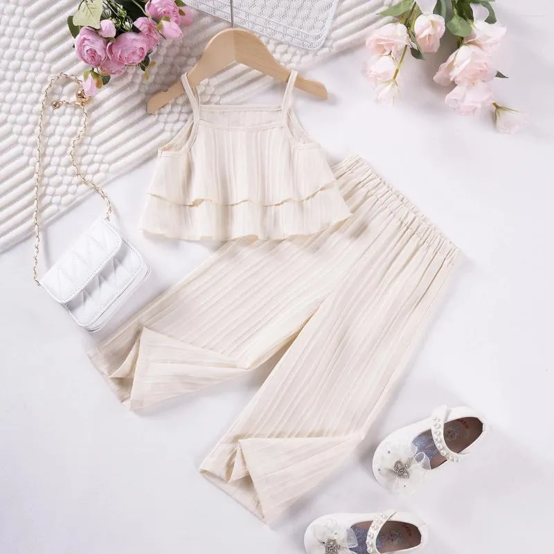 Clothing Sets Toddler Girls Solid Sling Suits Suspenders Summer Ruffles Wide-Leg Pants Clothes Lovely Elegant Casual Suit Baby Outfits