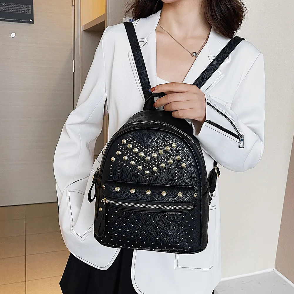2020 Women Casual Backpack Female PU Leather Rivet Decorated Bag pack bags Girls Shop Mini Backpack For Girls Designer Rivet P – Luggage Factory main image 3