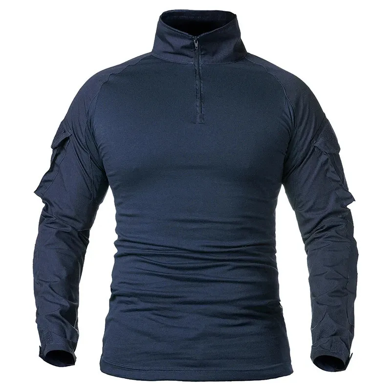 Mens Long Sleeve Army Combat Shirt 14 Zipper Ripstop Cotton Military Tactical Shirts Navy Blue Camoufalge Airsoft T Shirts 240407