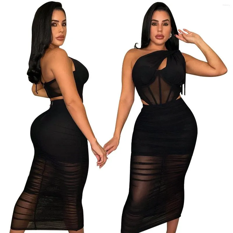 Vestidos casuais um ombro de festa de festa slim skirt sexy de duas peças terno