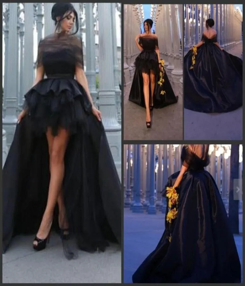 Elegant Black Off Shoulder Prom Dresses 2015 High Low Evening Gowns Sexig backless Sweep Train Tulle Satin Formella festklänningar CUS3418043