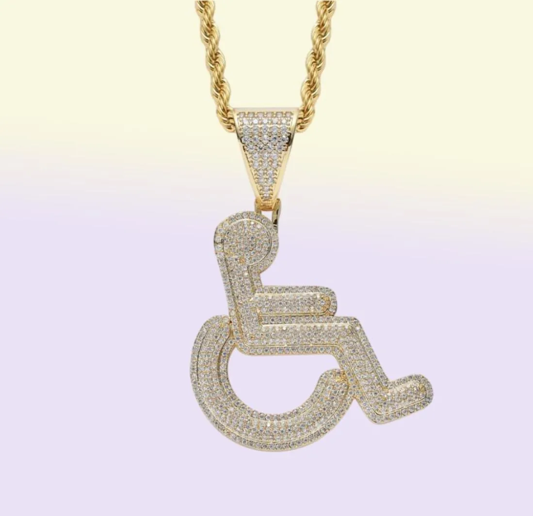 Rolstoel Handicapteken Pendant ketting Goudzilverkleur bling kubieke zirkon mannen hiphop rock 9440378