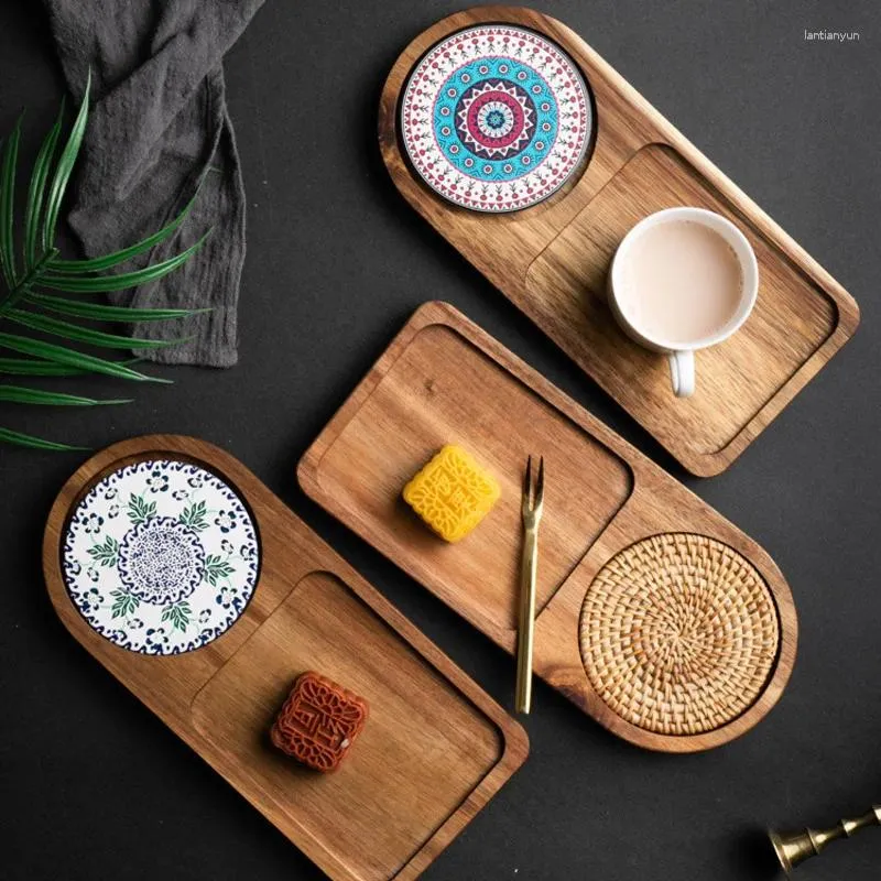 Tea Trays Japanese Solid Wood Teacup Tray Restaurant Kitchen Coffee Ceramic Retro Bread And Dessert Breakfast Plate