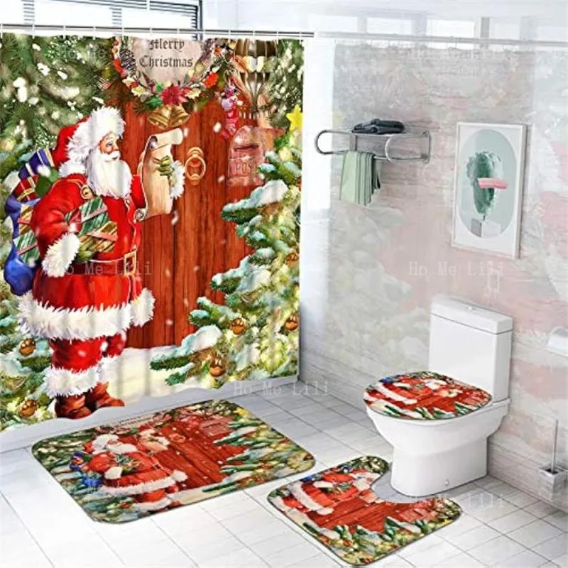 Shower Curtains Christmas Cute Santa Claus Carries His Presents Funny Curtain Sets With Rugs