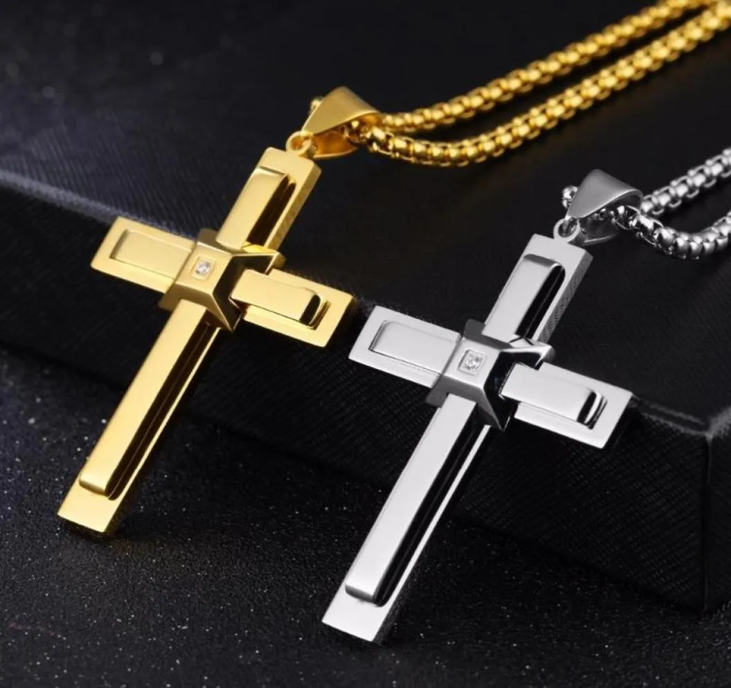 Pendant Necklaces Fate Love High Polished Gold Stainless Steel Crystals Large Huge Cross Men039s Necklace Chain 3mm 24 Inch9424602