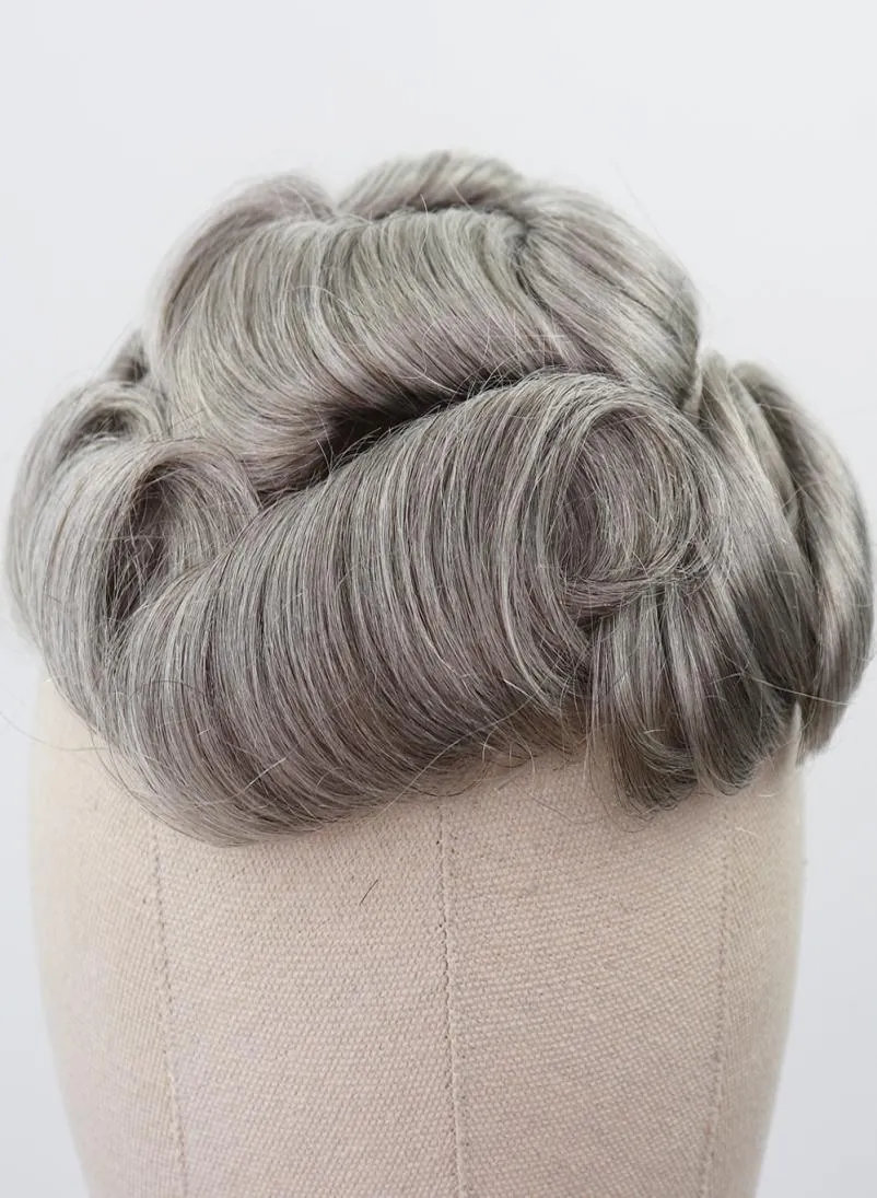 Blandat grått mänskligt hår Toupee för män brasiliansk remy mänskligt hårersättningssystem Men039s Toupee 30mm Curly Skin Toupee New3052151