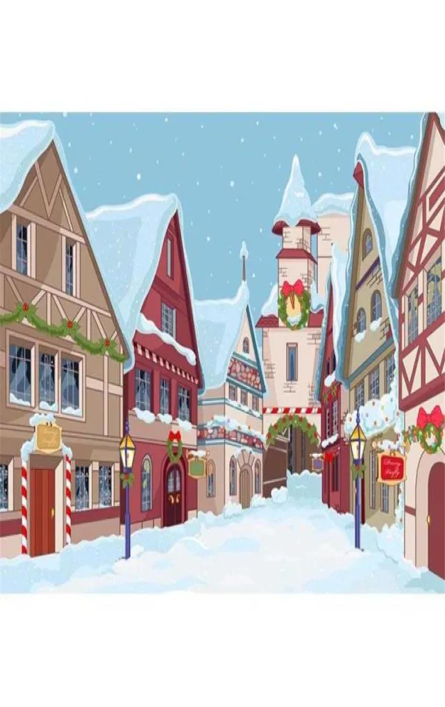 Cartoon City PO Cenário de neve cair Flakes Snow Casas cobertas