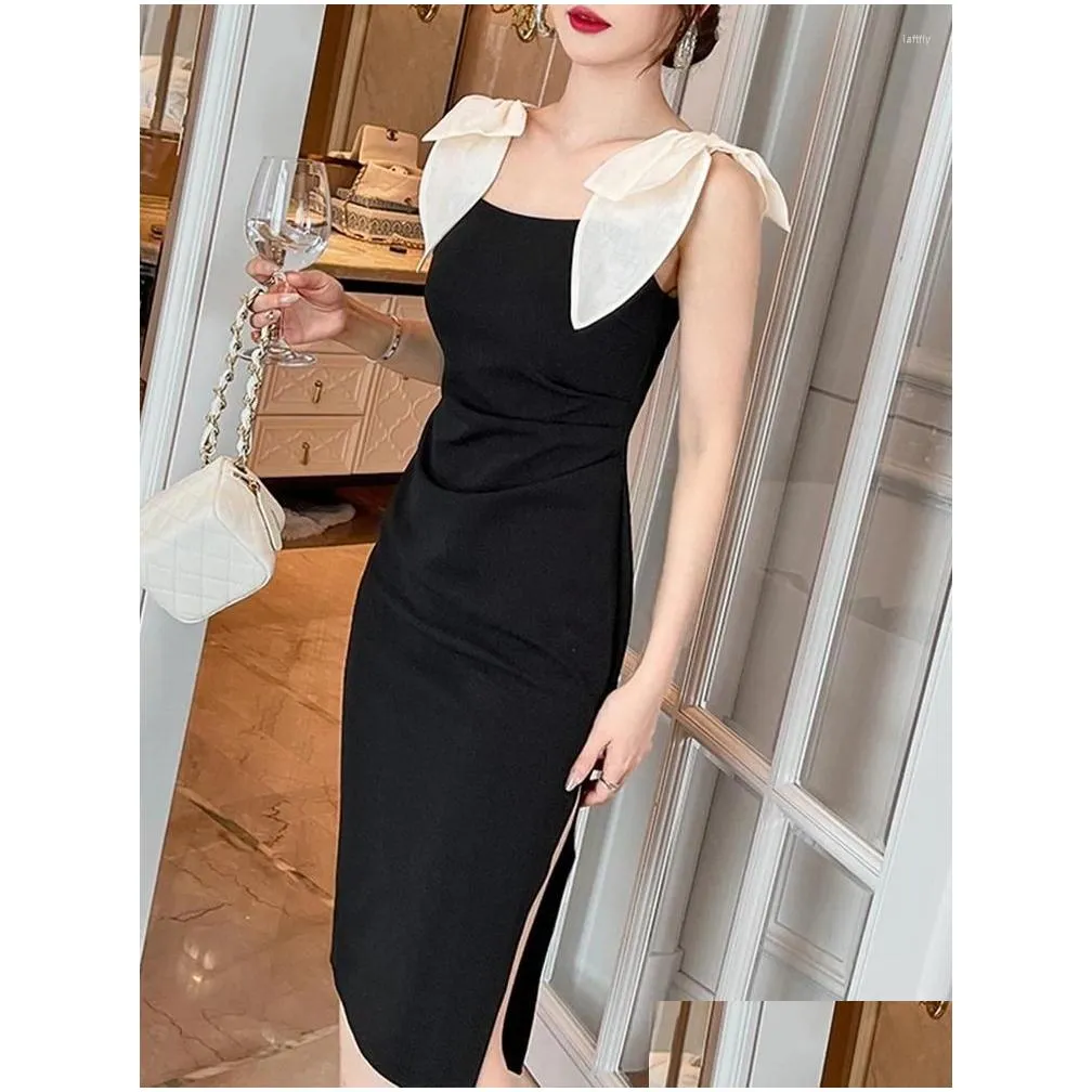 Abiti casual di base Summer Women Midi Elegante Y Nylon Cotton Slip Stender Bow Wrapless Wrap Hip Slim Party Holiday Vestidos Mu Dh3ek