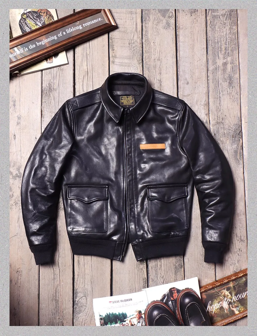 DHgate.com:Vintage Uncoated Cowhide Leather Bomber Jacket