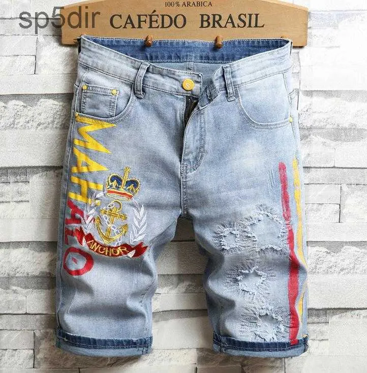 Men Embroidery Blue Jeans Denim Shorts Summer Designer Mens Badge Patckwork Bleached Retro Big Size Letters Patches Short Pants Trousers 312 SO4E