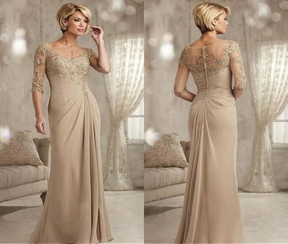 Champagne Mère de la mariée Robes plus taille 2023 Camiffon Half manches du marié Robe de soirée pour le mariage New Beded Lac6922027