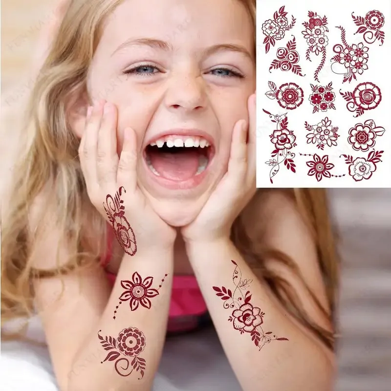 Henna tatuering klistermärke för barn vattentäta tillfälliga tatueringar liten storlek mehndi falsk hand flicka kroppskonst brun 240408