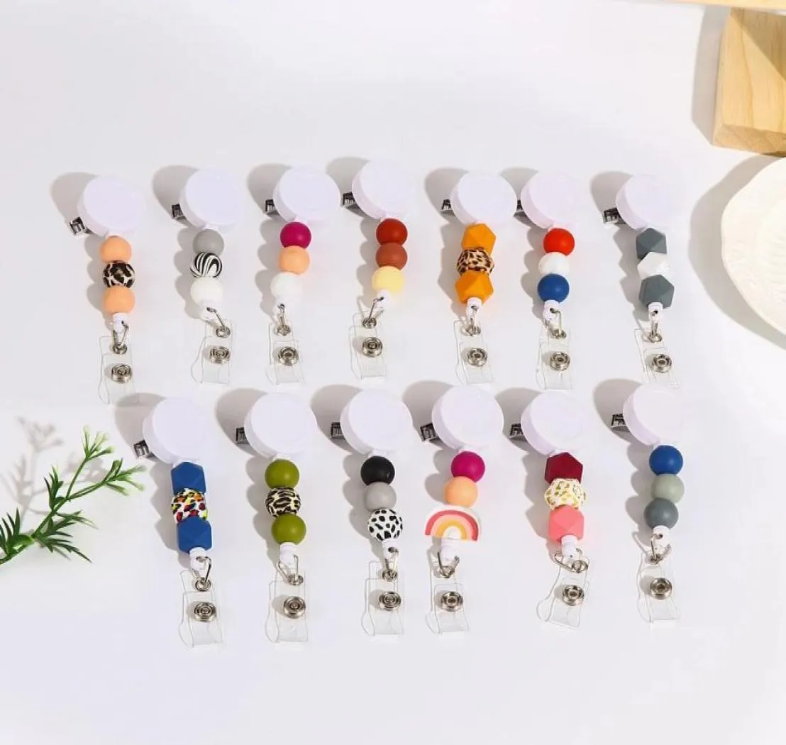 Keychains 60CM Rope Telescopic Bohemian Silicone Rainbow Nurse Badge Scroll Teacher BEADED ID Badge Gift Easy pull buckle5381116