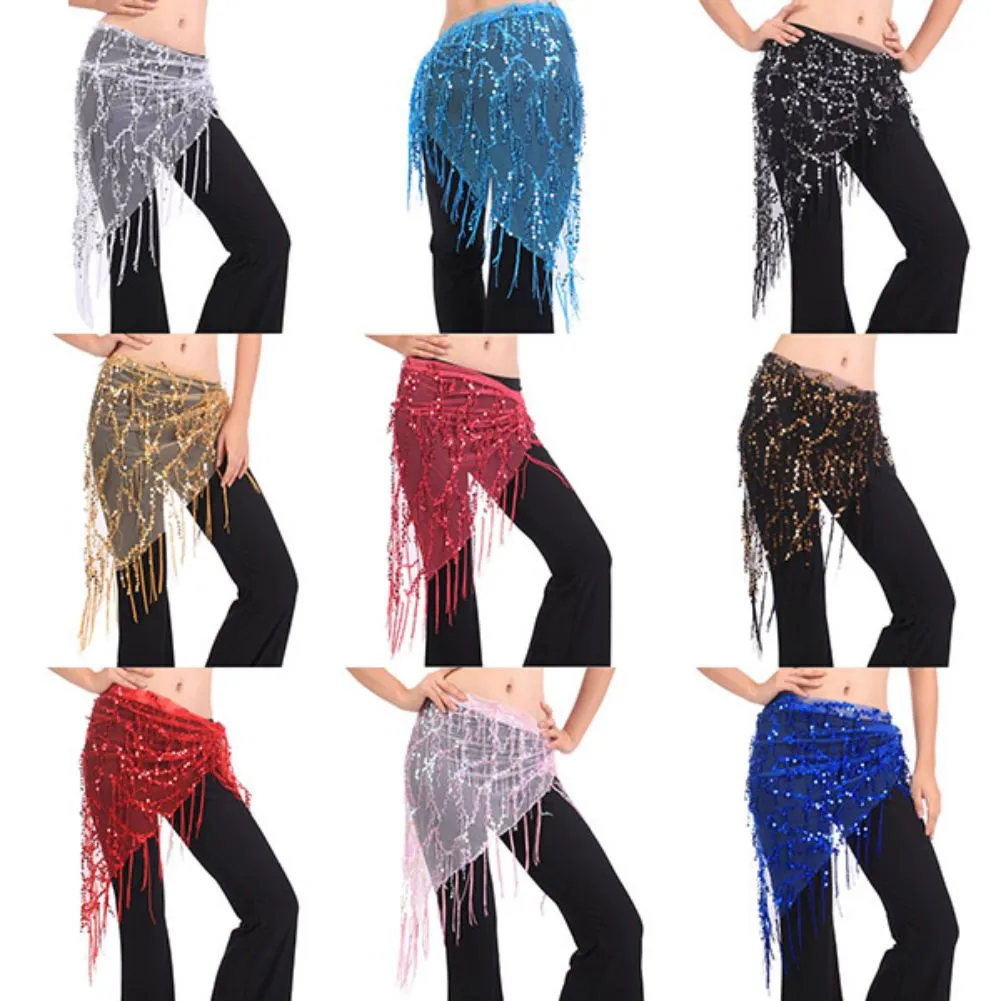 Sequins Triangle Belly Dance Hip Scarf Fringe Waist Belt Skirts Party Rave Costume for Women, Black, One Size