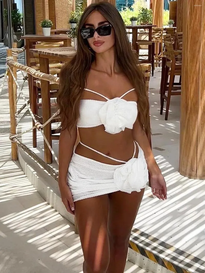 Kadın Mayo 2024 Seksi Bikini 3d Çiçek Mayolar 3 PCS Yüzme Giyim Mor Beyaz