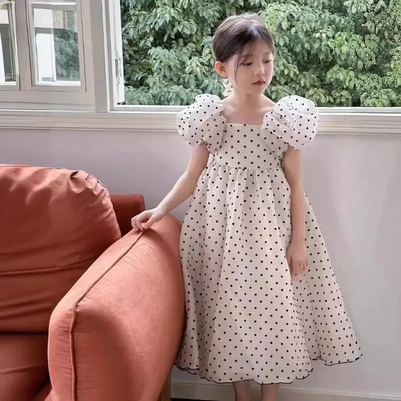 Vestidos de menina Vintage Baby Girls Polca Dots Dress Long Dress For Kids Putfleve Sleeve Summer Birthday Birthday Crianças Vestido Fashion Roupe