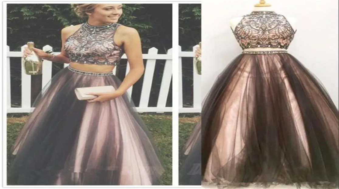 Sparkly Sexy Two Pieces Prom Dresses 2019 High Neck Beaded Crystals billiga långa tyllkvällsklänningar Kvinnor Formella festklänningar3035352