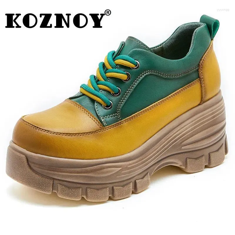 Casual Shoes Koznoy 7cm äkta läder Super High Platform Wedge Kvinnor Ankelstövlar Kvinnliga klackar spetsar Mockasins blandad färg