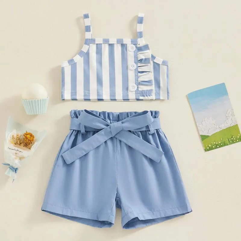 Kledingsets baby peuter babymeisjes 2 -delige vierkante nek gestreepte cami tops elastische taille shorts met riem zomeroutfits