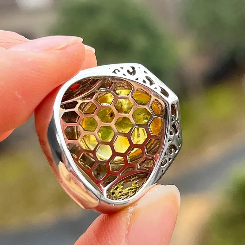 Unisex S925 Silver amber insect ring - Natural Flying Animal