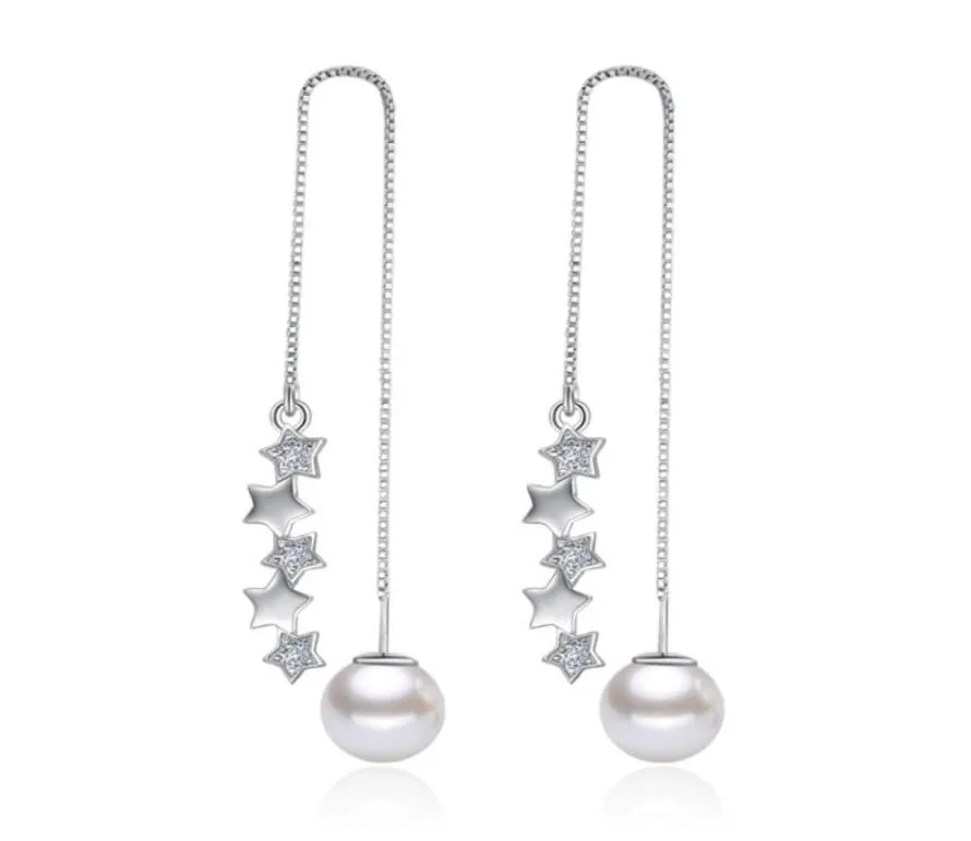 OMHXZJ Fashion Pentagram Pearls Star 925 Boucles d'oreilles de la ligne d'oreille à longueur de filet en argent sterling