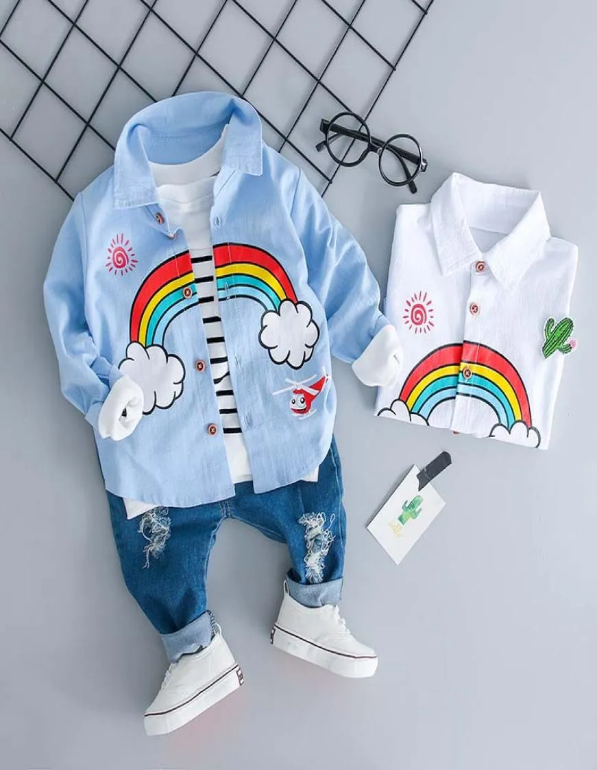 Ny höst baby pojke kläder mode pojkar kläder set småbarn regnbågskjorta hål jeans pojke kostym butik barn outfit spädbarn 3668837