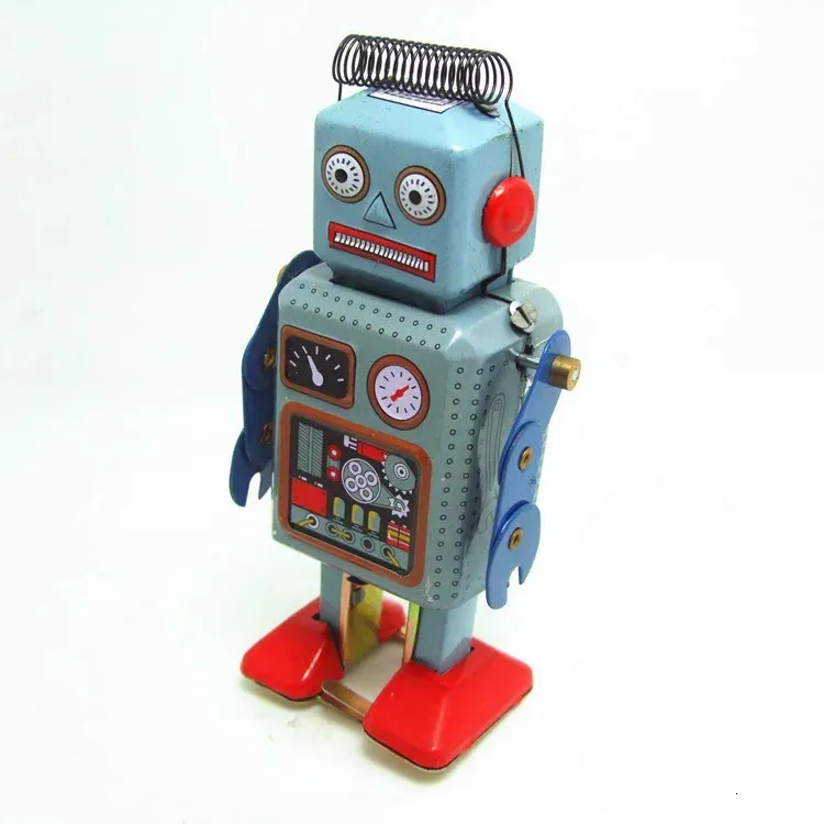 Rolig klassisk samling Retro Clockwork Windup Metal Walking Tin Toy Repairman Robot Vintage Mechanical MS249 Kids Gift 240401