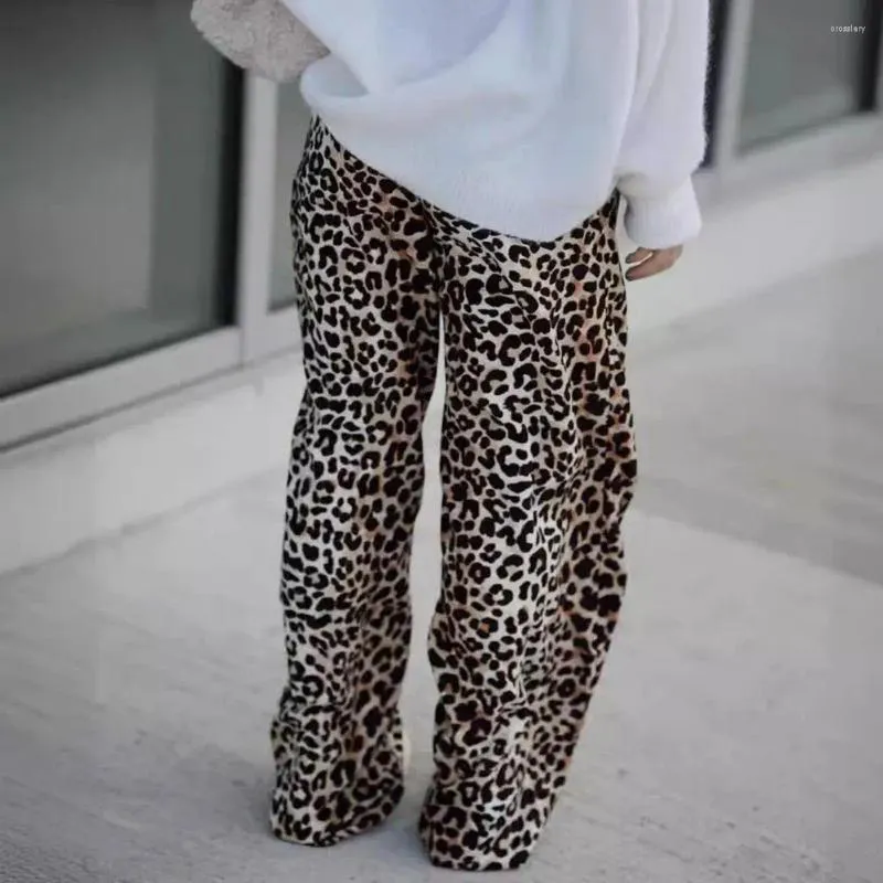 Pantalon féminin pantalon élastique de taille moyenne pantalon léopard à imprimer le jambe large pour les femmes élégantes streetwear long