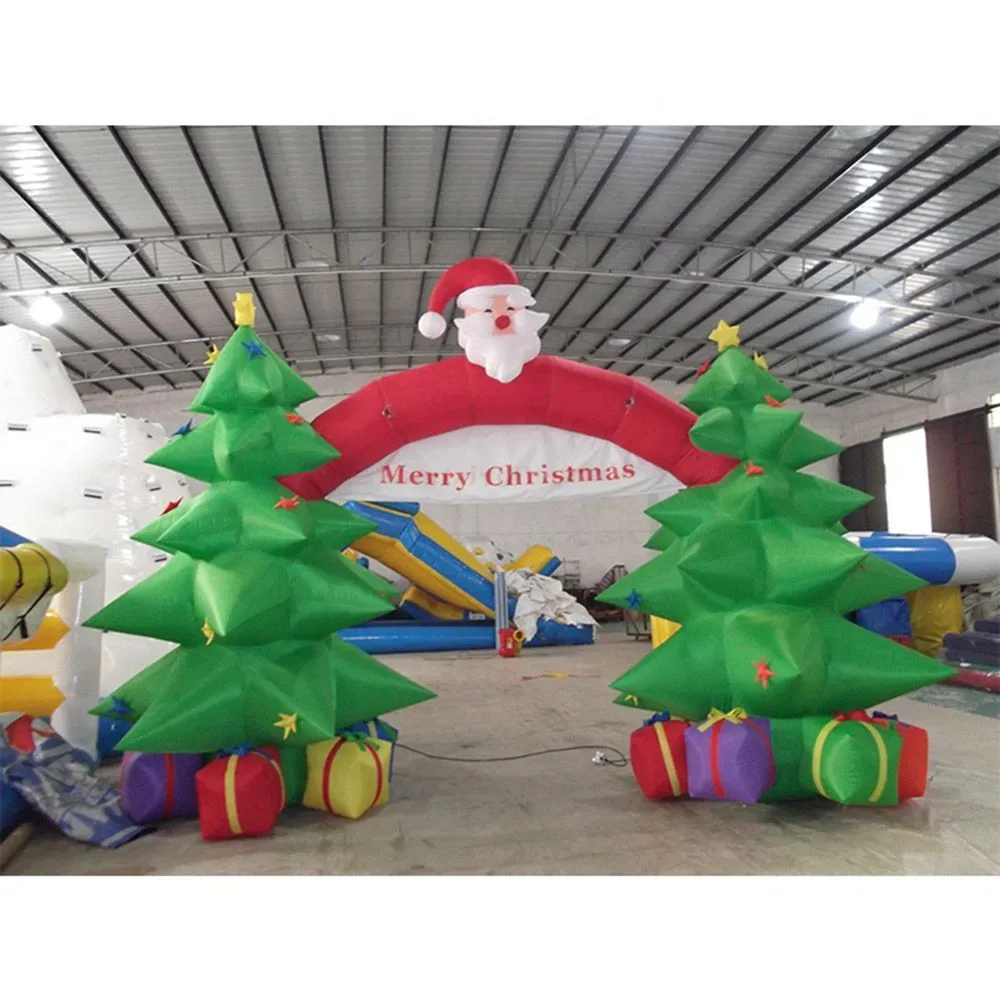 8mW x 5mH (26x16.5ft) with blower customized outdoor artificial inflatable christmas tree arch with santa old man and gift box for festival event decoration