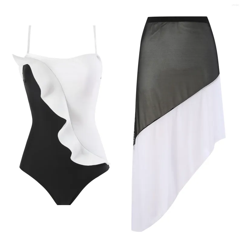 Women's Swimwear Sexy One-piece Swimsuit Skirt Dress Women Ruffle Black White Bathing Suit Beach Swim Pool 2024 Female Swimming