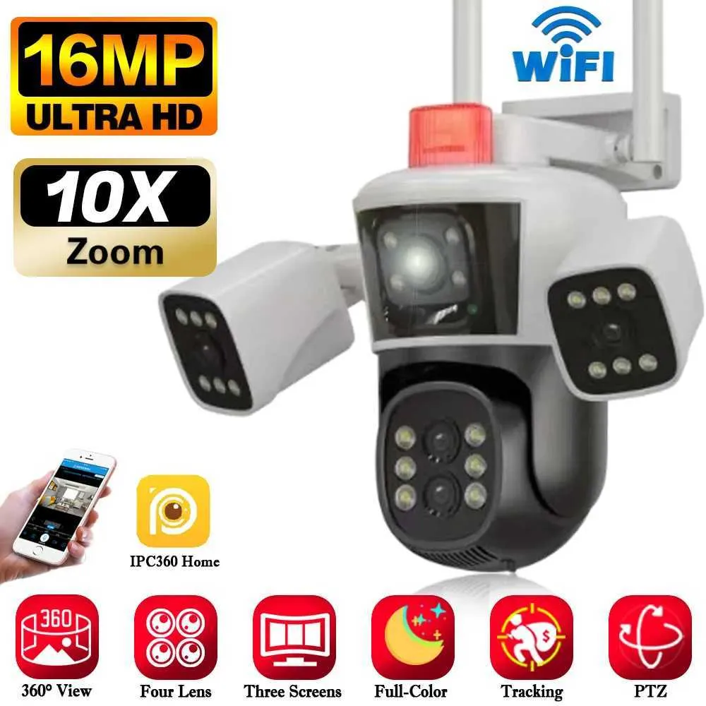 IP Cameras 8K UHD WIFI IP Camera Outdoor 10X Zoom Auto Tracking 16MP PTZ Four Lens Three Screen Waterproof Wi-Fi Security Camera 360 View 240413
