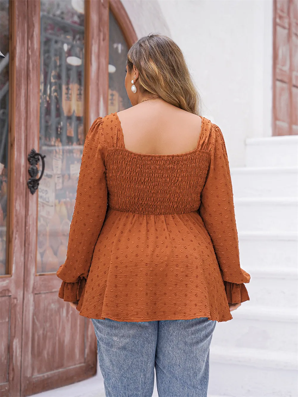 GIBSIE Plus Size Swiss Dot Square Neck Peplum Blouse Women Spring