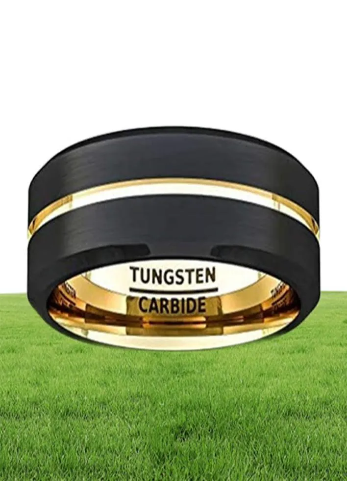 Fashion 8mm Black Tungsten Carbide Ring Gold Groove Matte Brushed Surface Beveled Edge Mens Wedding Band Comfort Fit4142444