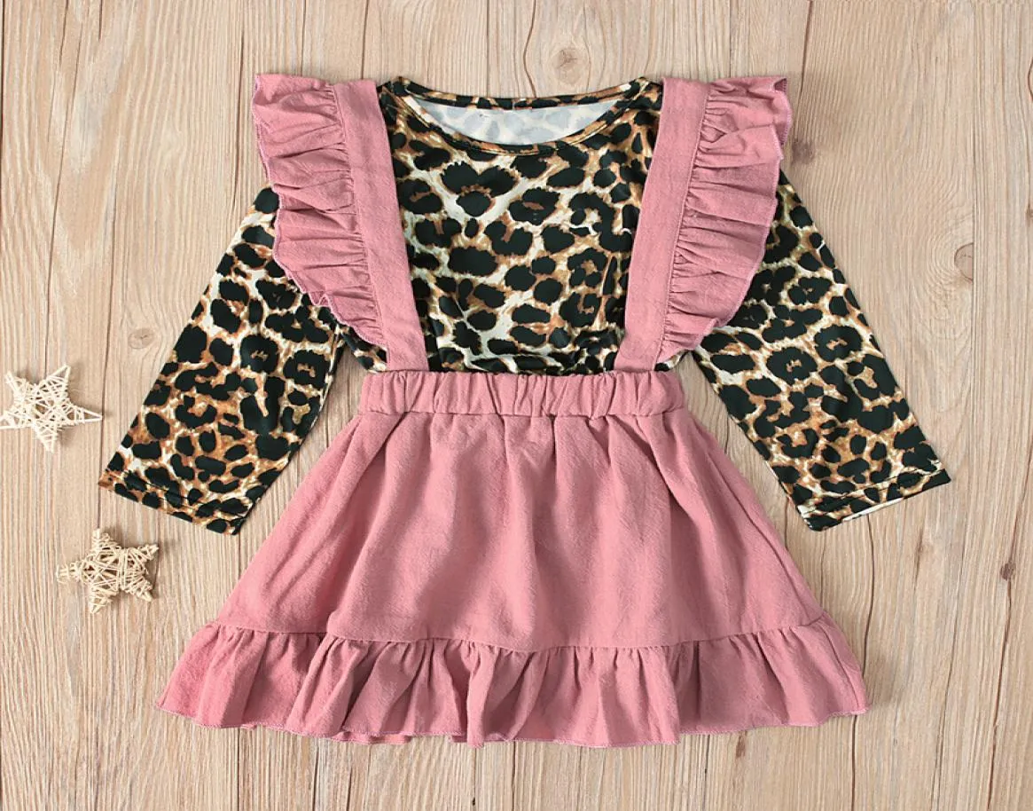 Pasgeboren babymeisjes Kid Ruches Fly Sleeve Leopard Print Tops en Pink Algemene twee stukken Sets Sets 2020 Spring herfstkleding Set 26T1678839