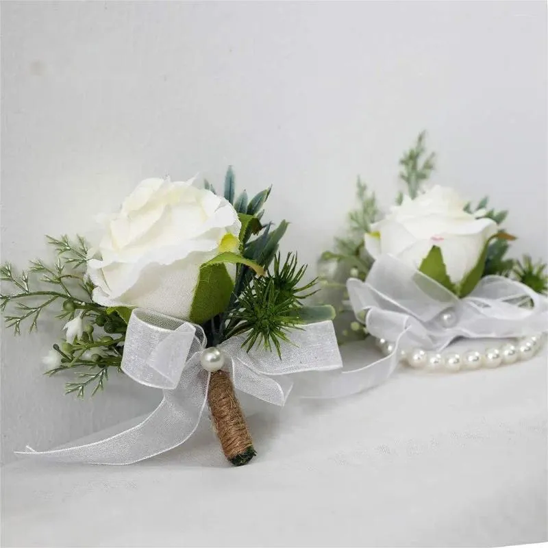 Decorative Flowers White Rose Wrist Corsage For Men Wristlet Band Boutonniere Set Wedding Flower Prom Suit Decor Accessories