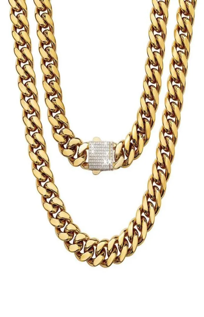 Ketten 614 mm breiter Edelstahl Kubaner Miami Halsketten CZ Zirkon Schloss Große schwere Goldkette für Männer Hip Hop Rapper Schmuck 9539264