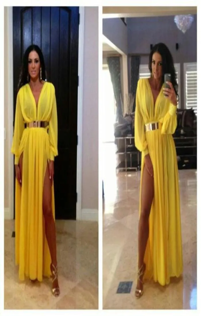 2014 jaune Vneck Michael Costello Robes de soirée à manches longues fendues latérales et à la ceinture de jupe plissée Longueur en mousseline de soie CELE9270669