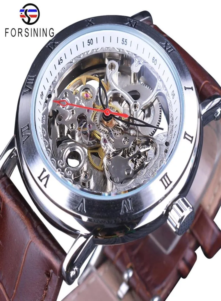 ForSining Waterproof Gear Flower Movement Transparent Leather Clock Men Skeleton Automatiska mekaniska klockor Top Brand Luxury9256456