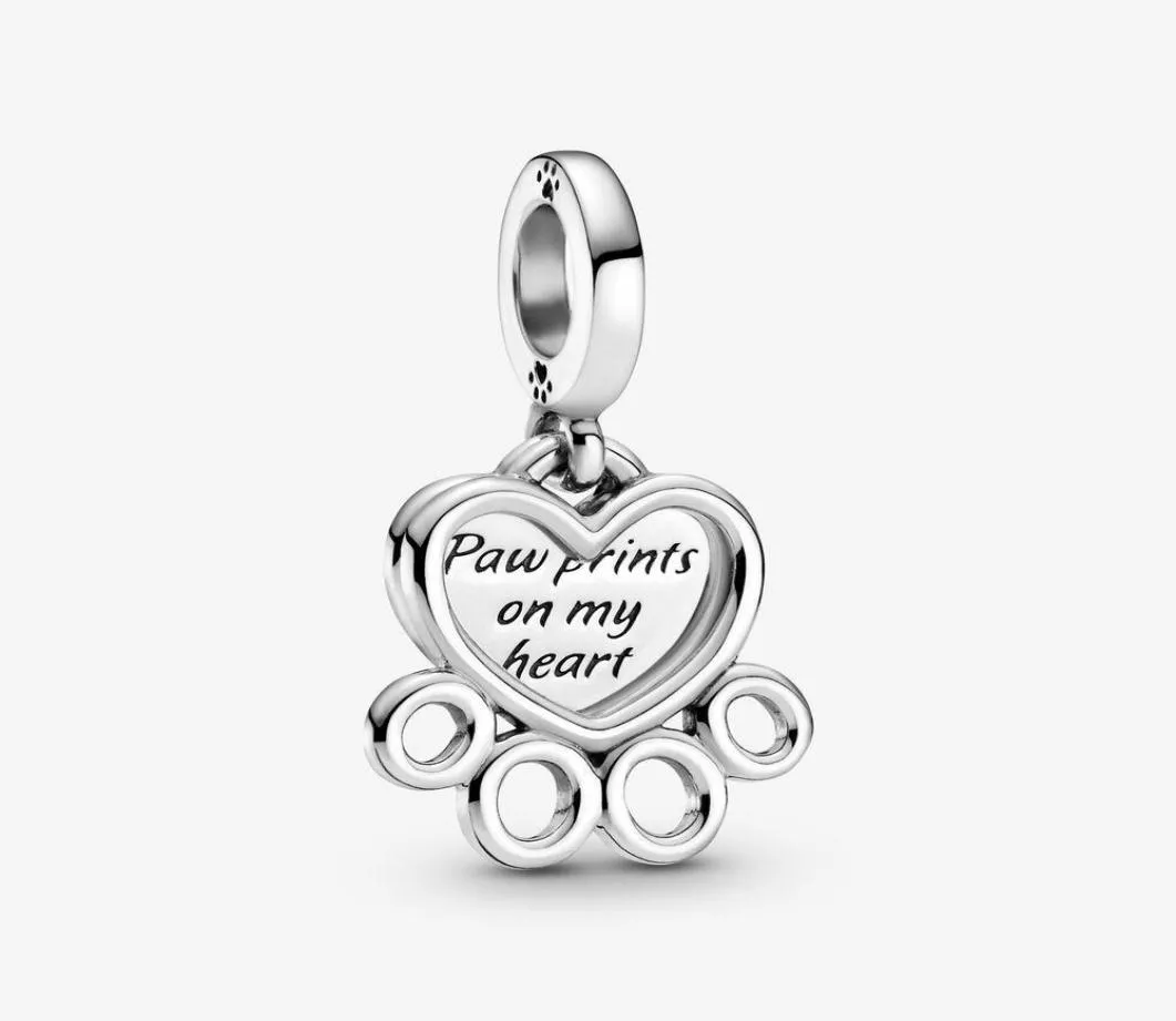 Новое прибытие 100% 925 стерлинговые серебряные сердечки Paw Print Dangle Charm Fit Оригинальный европейский браслет модных украшений.