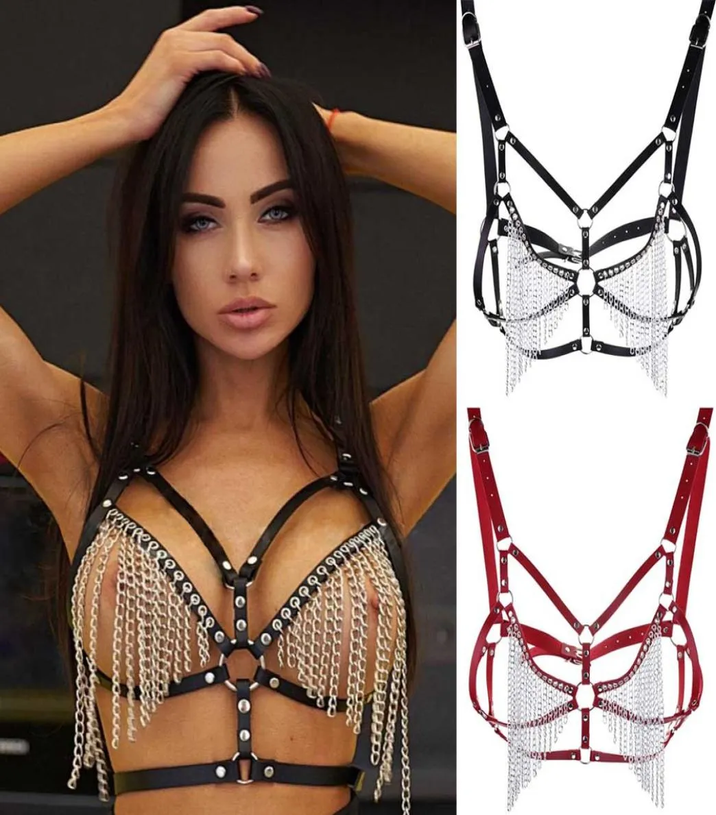 Leather Body Harness Bra Metal Chain Bondage Lingerie Harnesses for Women Adjust Punk Goth Pu Strap Tops Cage Festival Rave4859842