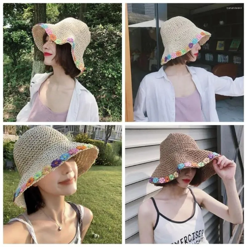 Beretten UV Bescherming Straw Hat Hoogwaardige opvouwbare casual Lafiet Ademboere bloemenweven Cap